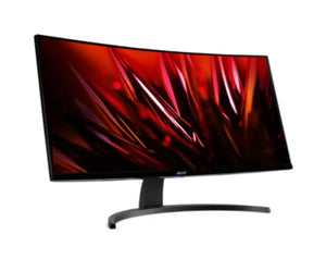 Curved monitor with red and black abstract design on screen, on a white background